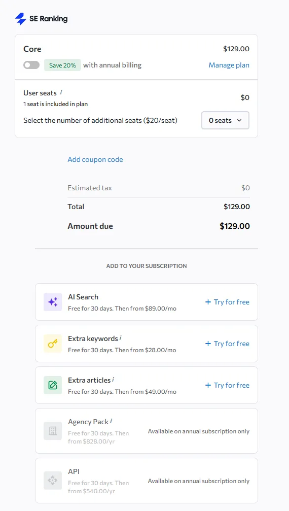 SE Ranking Core checkout showing 129 dollars, no card required, and zero estimated tax
