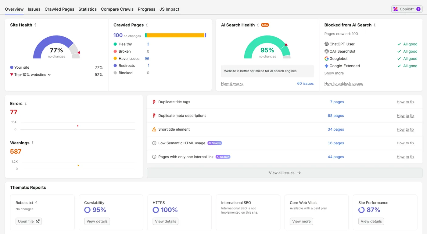 Semrush site audit showing site health, an AI Search Health score, and thematic reports